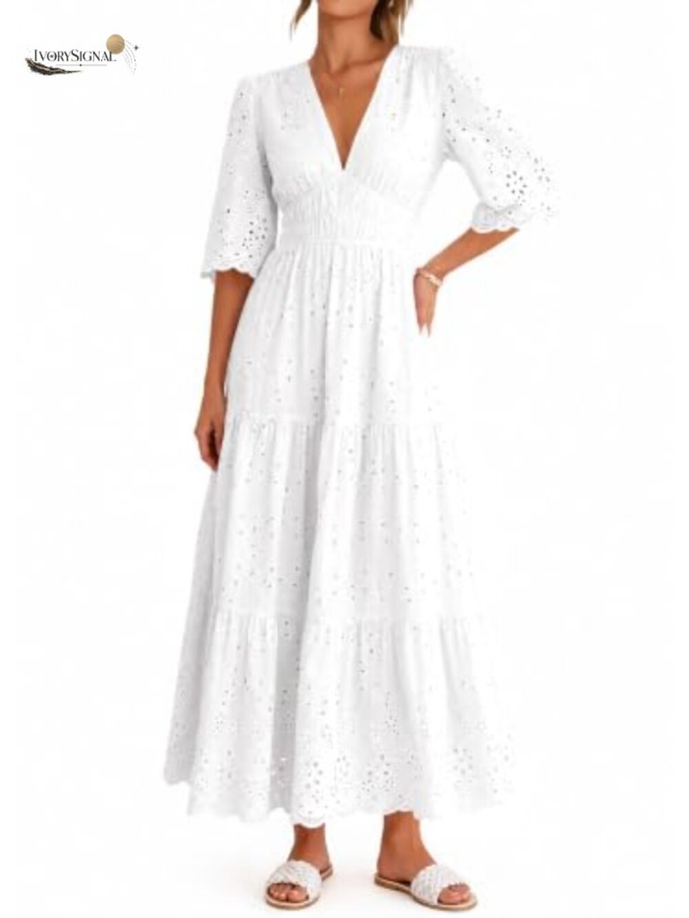 Women's 100% Cotton Hollow Out Eyelet V Neck Tiered Ruffle Maxi Dress